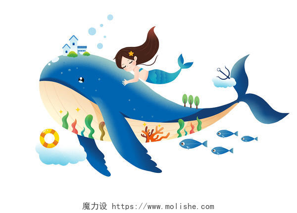 卡通世界海洋日女孩鲸鱼主题插画元素世界海洋日